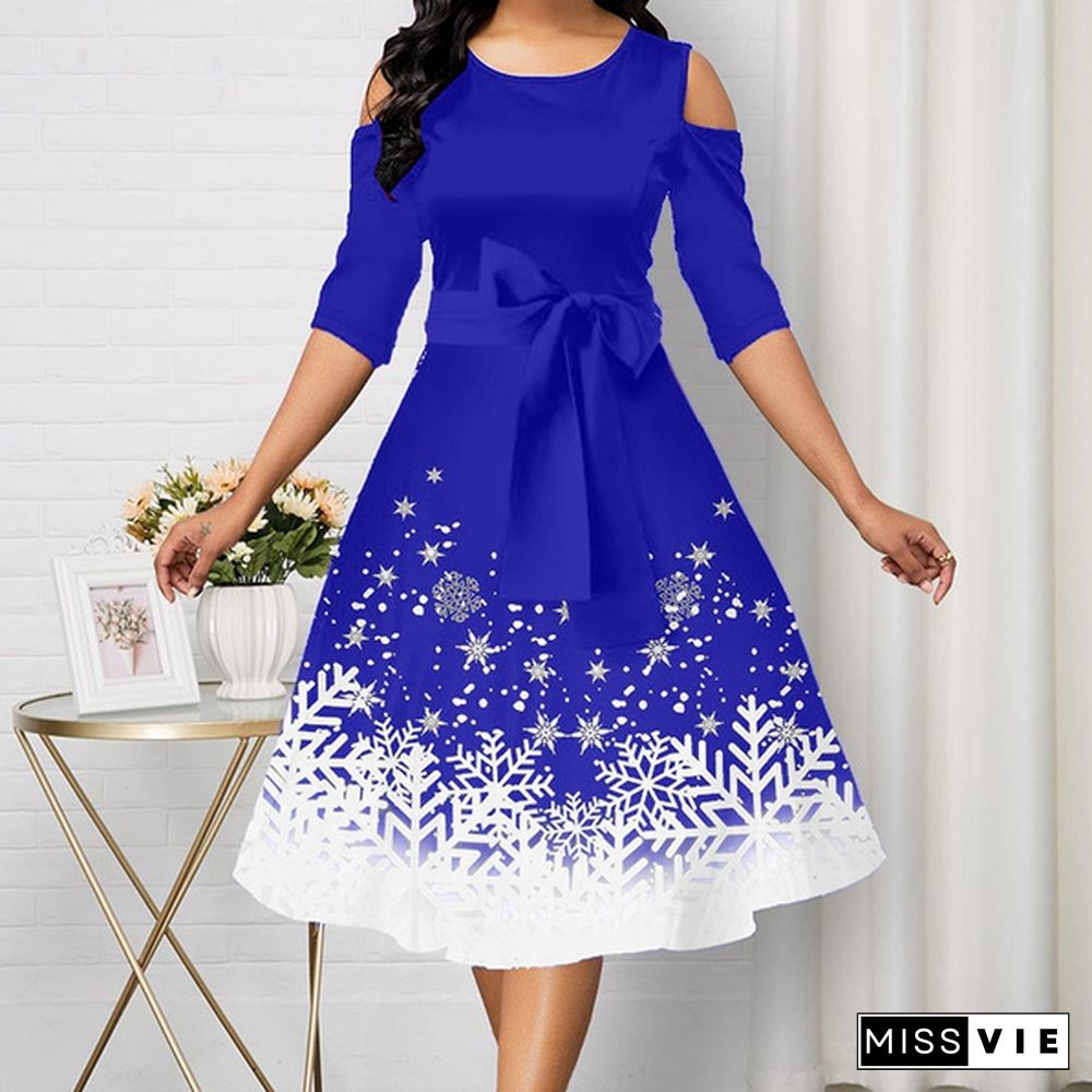 New Arrive Women Belted Snowflake Print Cold Shoulder Round Neck Dress Plus Size Fashion Christmas Party Dress