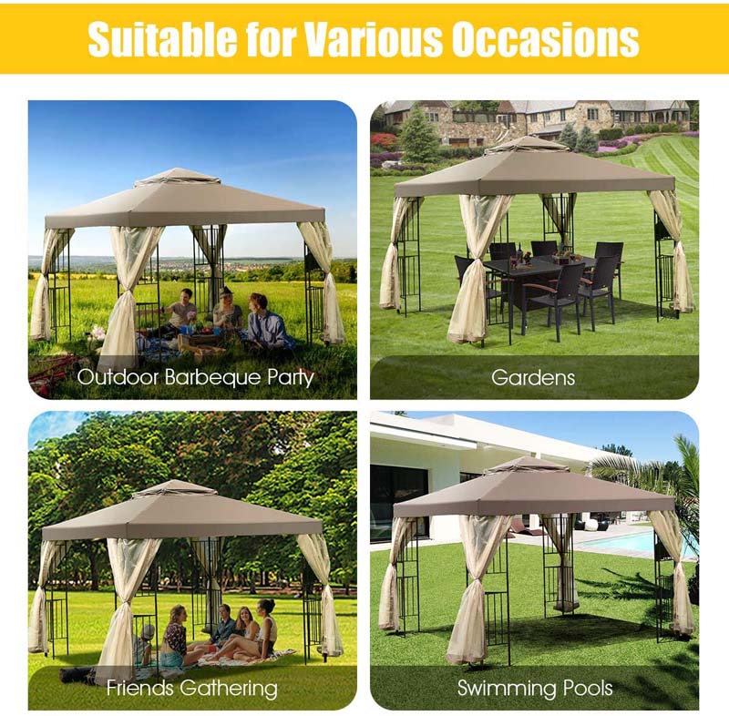 10 x 10 FT Metal Patio Gazebo with Netting, Screw-free Structure Outdoor Canopy Gazebo Tent