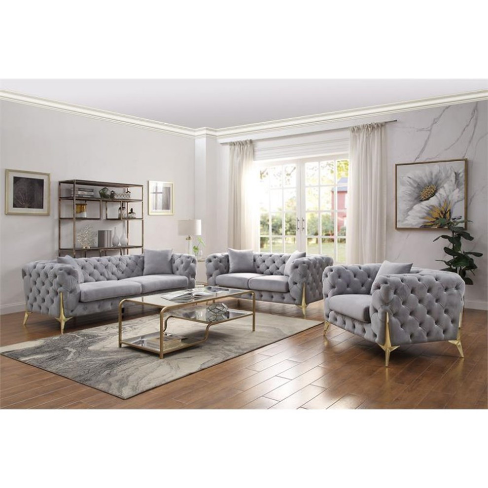 ACME Jelanea Velvet Tufted Upholstery Loveseat with 2 Pillows in Gray and Gold   Midcentury   Loveseats   by Homesquare  Houzz