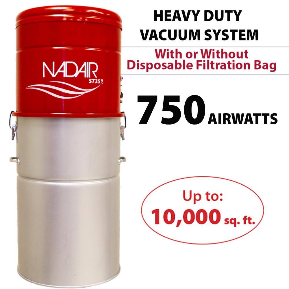 Nadair Heavy Duty central vacuum 750AW Bagless and Bagged Corded Washable Filter 5.7in 2-Stage Ametek USA Motor 35L9.25. gal NAD-750ST-35H