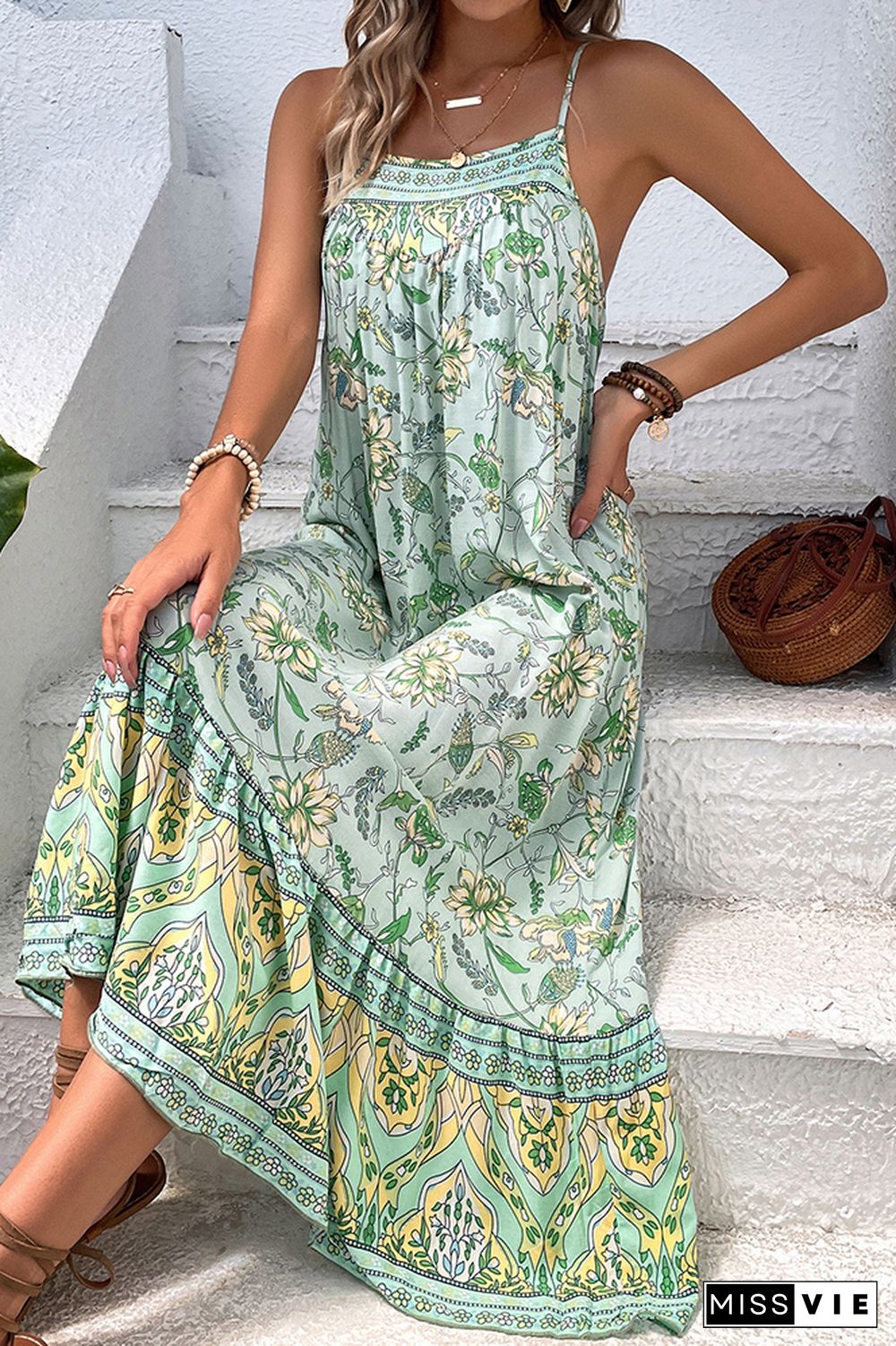 Green Spaghetti Strap Floral Maxi Dress