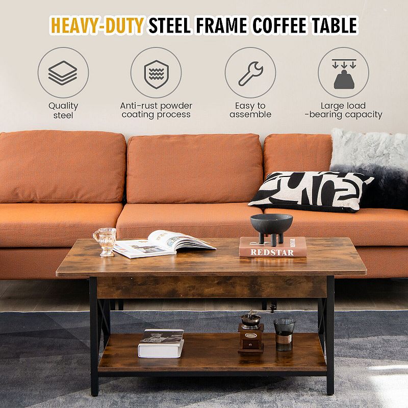 2-Tier Industrial Rectangular Coffee Table with Storage Shelf