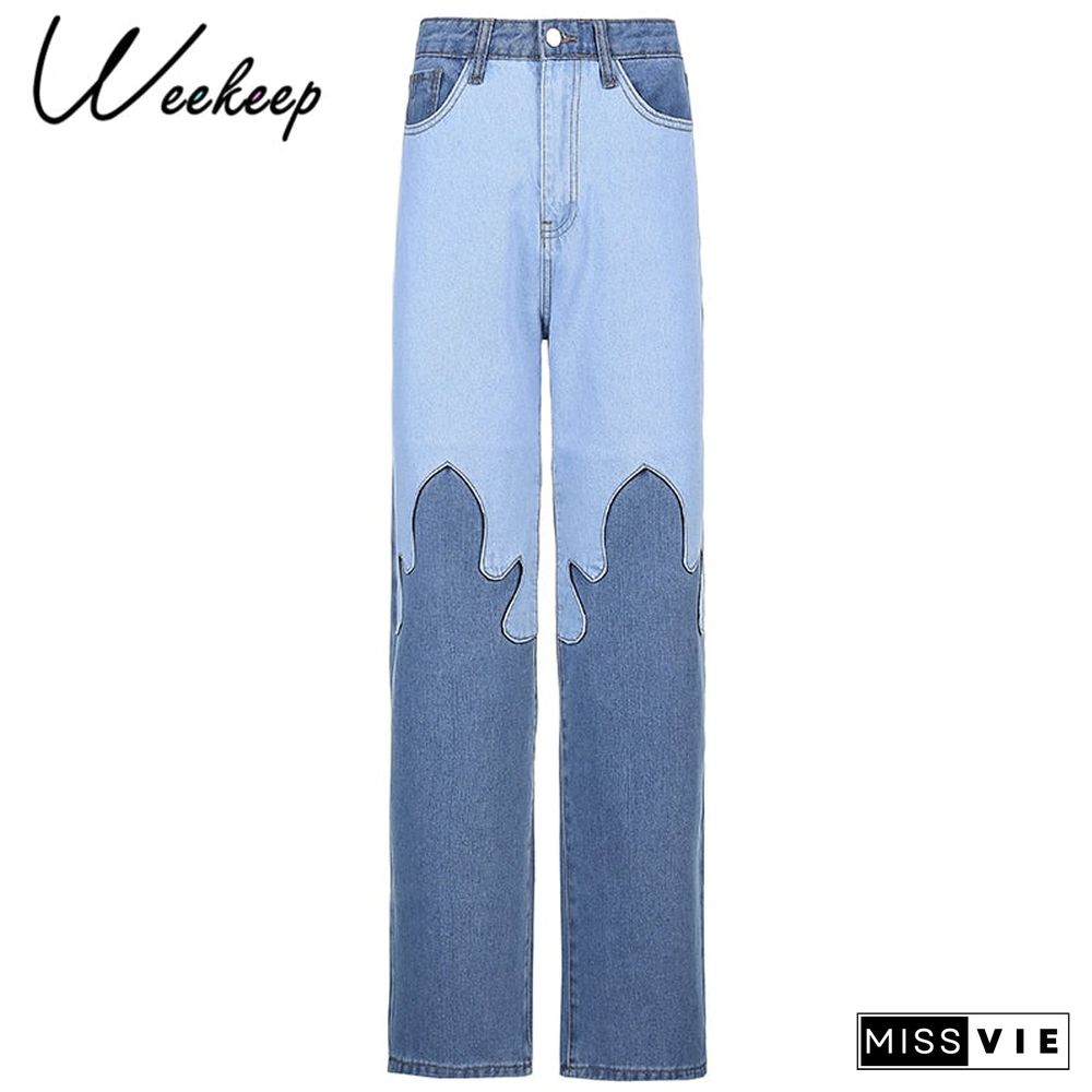 Weekeep Vintage Flame Print Streetwear Jeans Women High Waist Cotton Straight Korean Slim Long Trousers Harajuku Denim Pants 90s