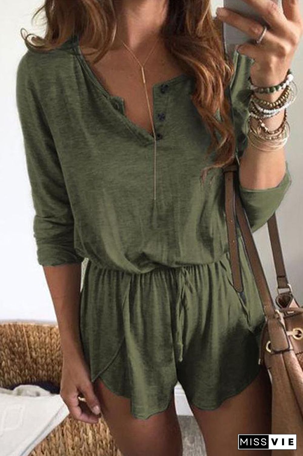 Solid Color Long Sleeve Tie Waist Romper P15011