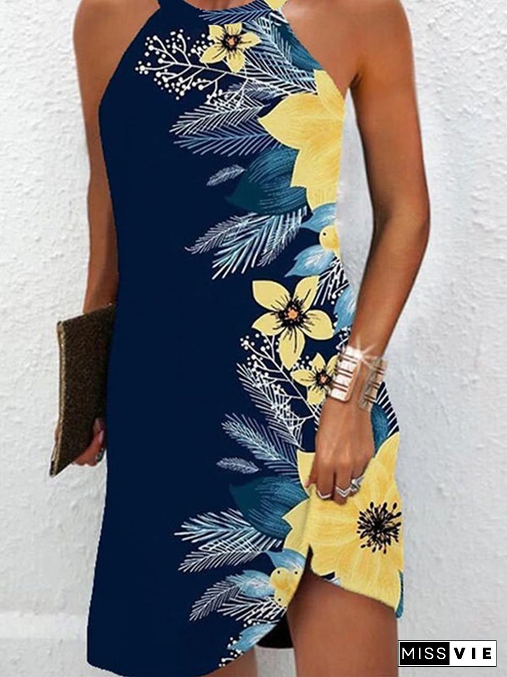 Halter Floral Casual Sleeveless Knitting Dresses