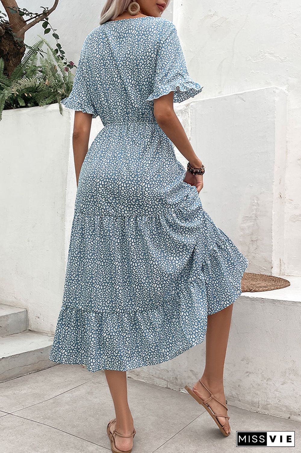 Puff Sleeves Tiered Splicing Printing Dress