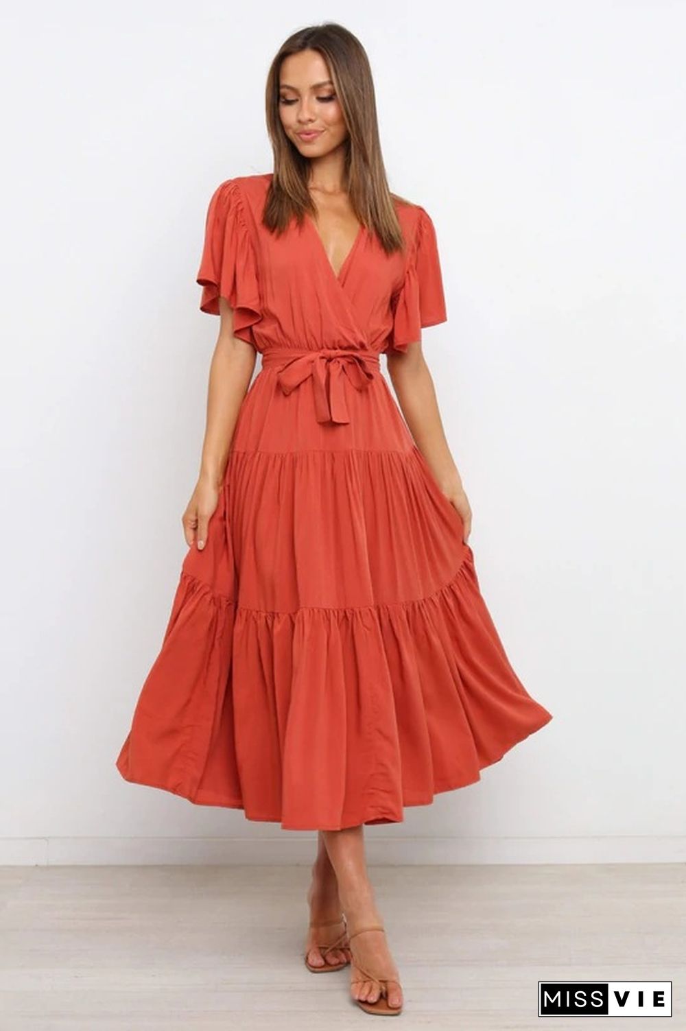 Boho Beach Vacation Summer Women Dresses New Solid V-Neck Short Ruffle Sleeve Lace-up Swing High Waist A-line Long Dress