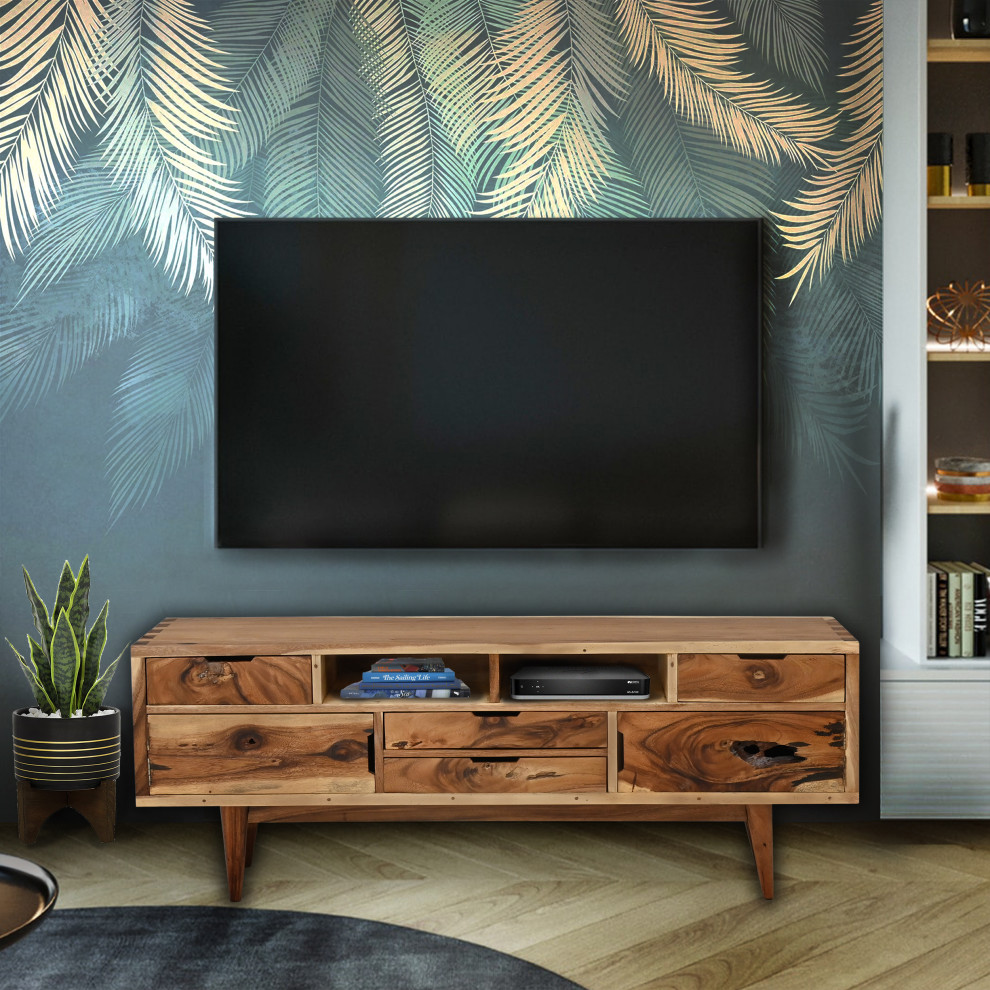 Turin Live Edge Suar Wood Media Center With 2 Doors/4 Drawers   Midcentury   Entertainment Centers And Tv Stands   by Chic Teak  Houzz