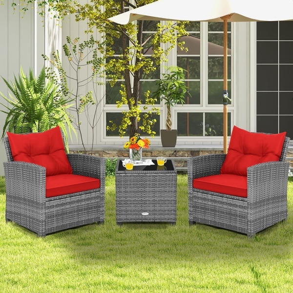 3Piece Outdoor Wicker Patio Furniture Set with Tempered Glass Coffee Table