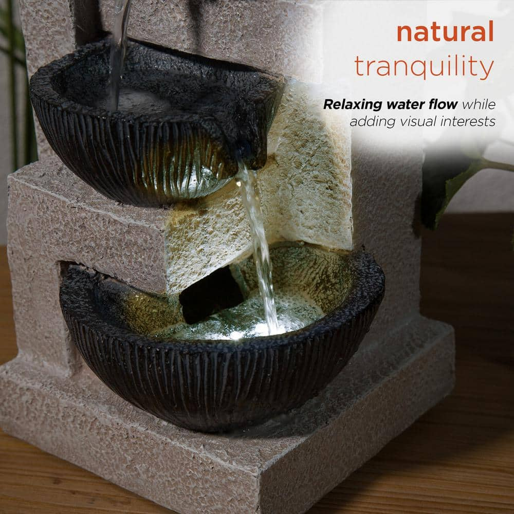 Alpine Corporation 14 in. Tall Cascading Tabletop Bowl Fountain Decoration with LED Lights, Gray WIN1578