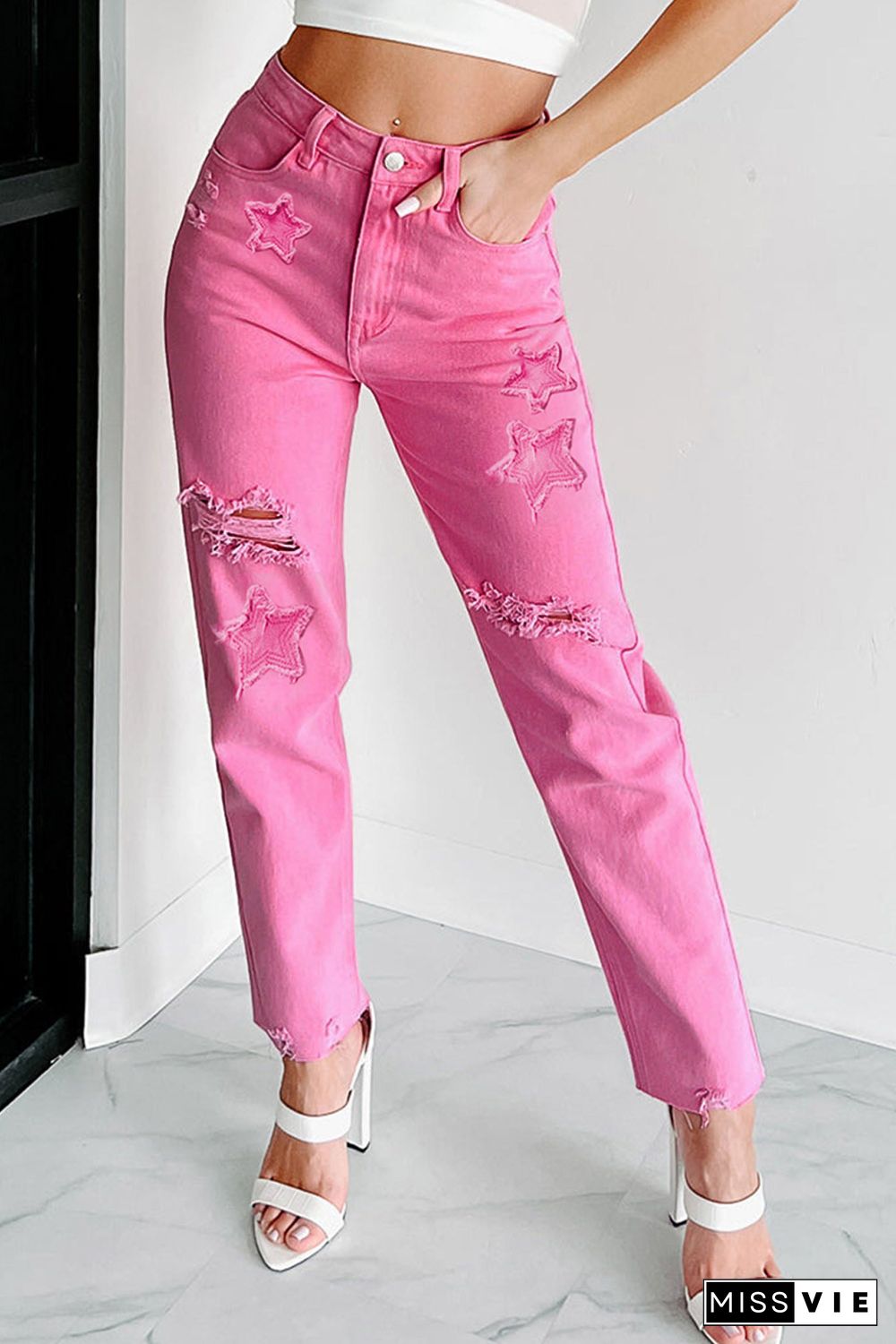 Pink Star Shape Patchwork Mid Waist Straight Leg Jeans