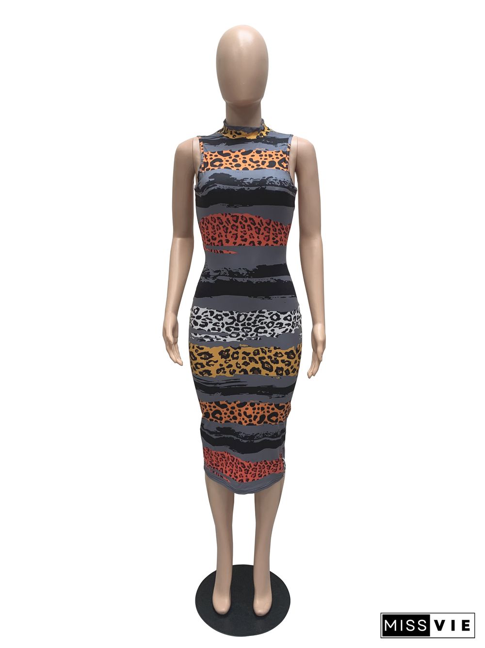 Sleeveless Leopard Print O-Neck Bodycon Pencil Dress