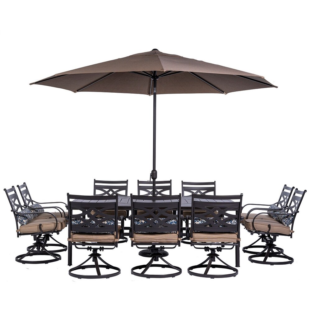 Hanover Montclair 11 Piece Dining Set in Tan with 10 Swivel Rockers  60 In. x 84 In. Table  11 Ft. Umbrella and Umbrella Stand