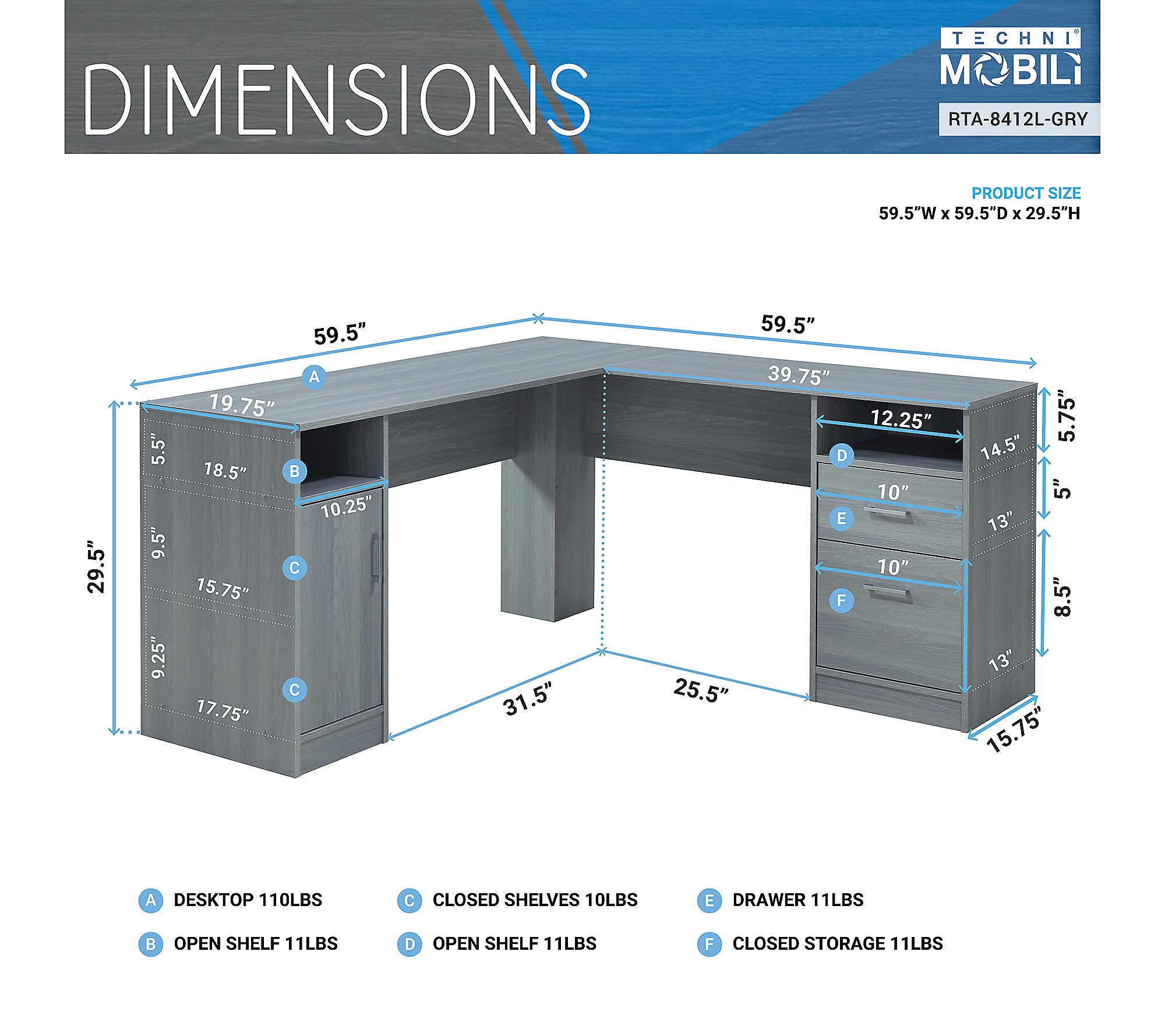 Techni Mobili Functional L-Shaped Computer Deskwith Storage