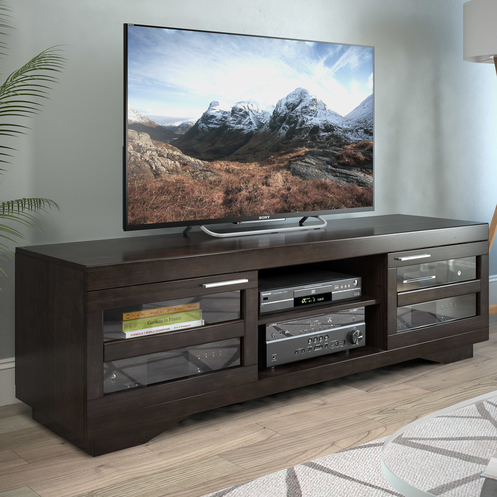 Granville 66 quotMocha Black Wood Veneer TV Bench   Transitional   Entertainment Centers And Tv Stands   by CorLiving Distribution LLC  Houzz