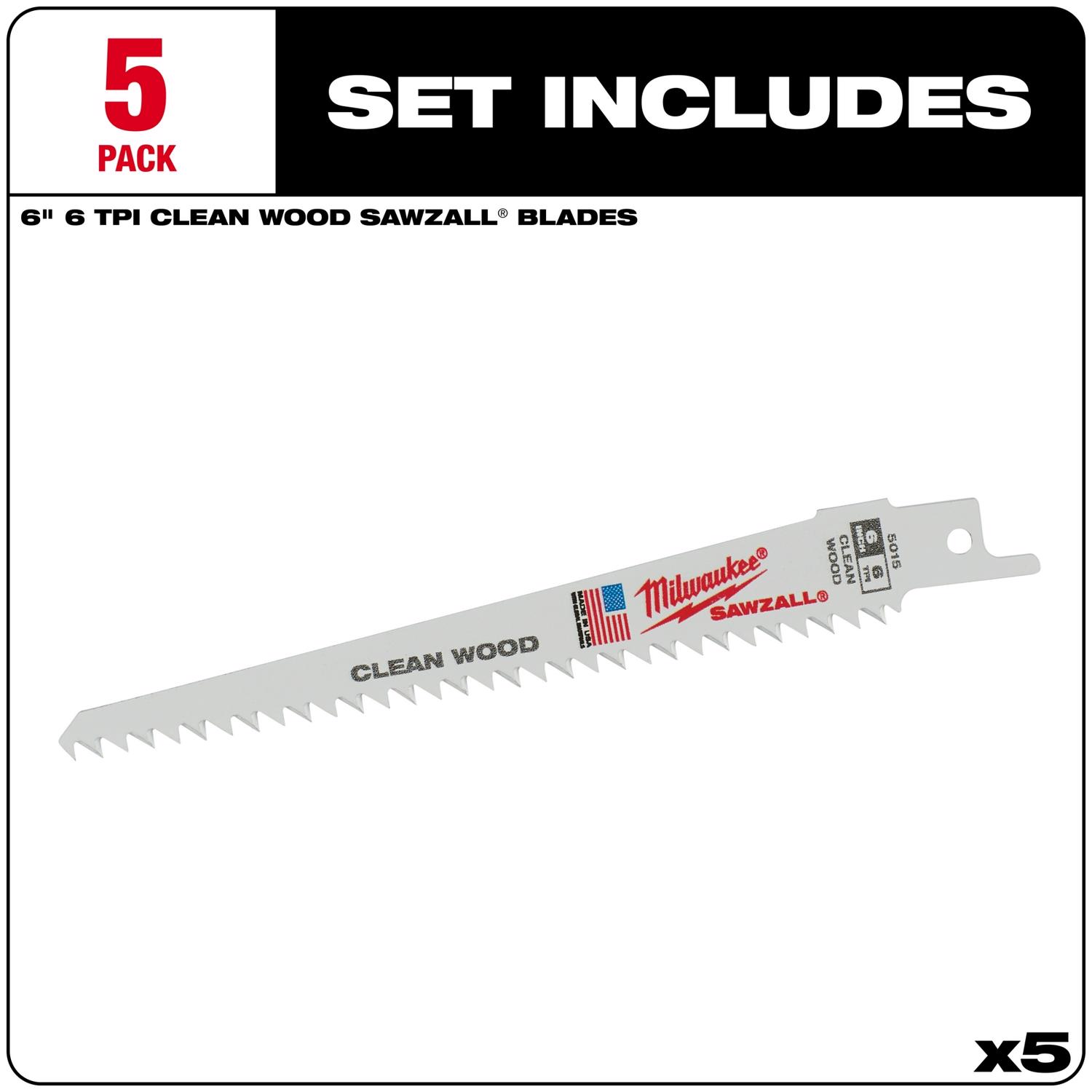 MW Sawzall 6 in. Bi-Metal Clean wood cutter Reciprocating Saw Blade 6 TPI 5 pk