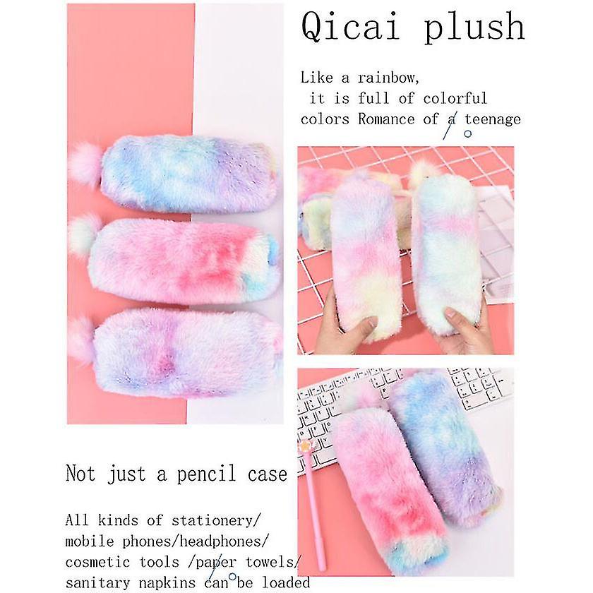 Plush Rainbow Pencil Case For Girls Fluffy Pencil Case