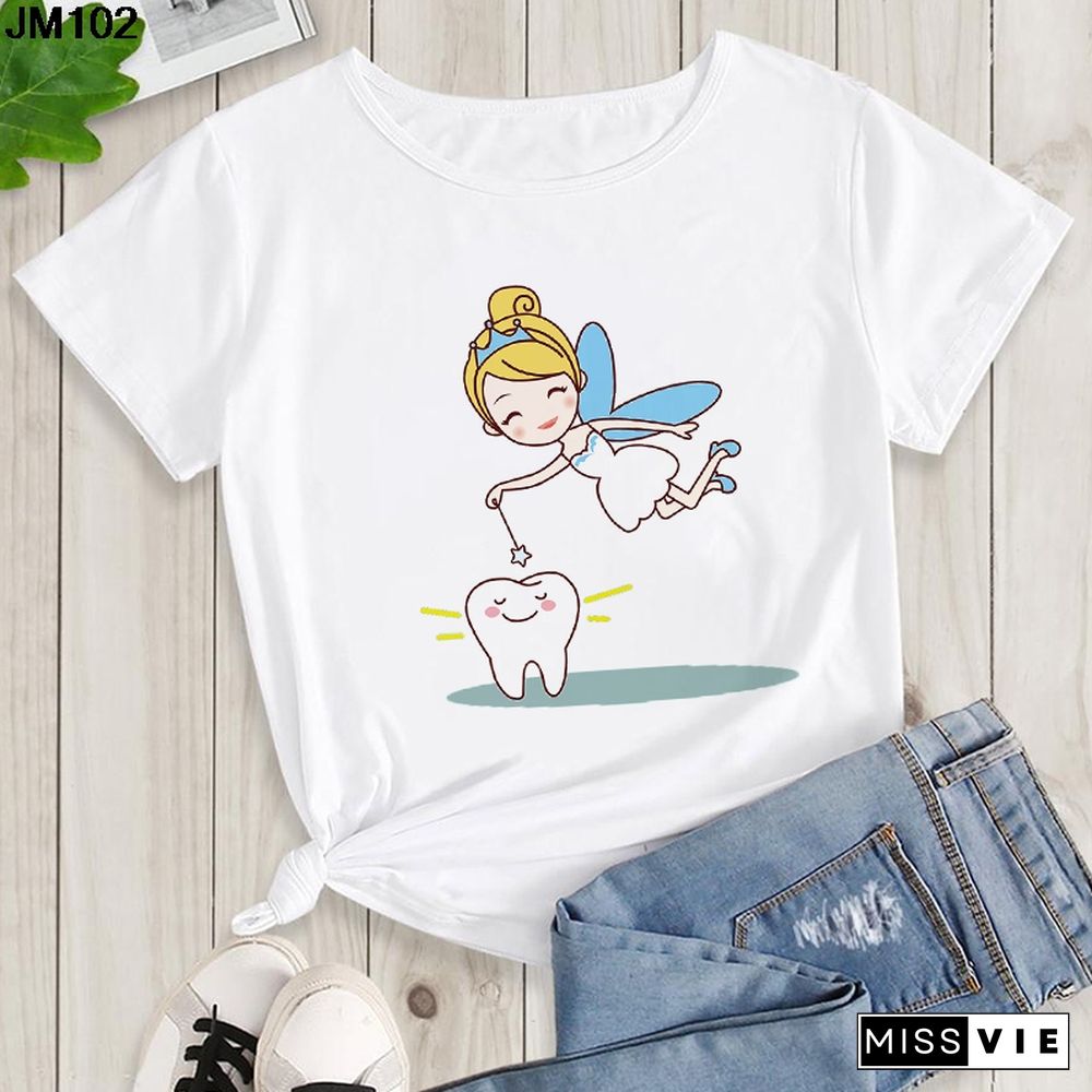 Aesthetic Funny Tooth Dentist Print Female Clothing T-shirt 90s Harajuku Kawaii O-neck Tshirt Summer Fashion Women's Top T Shirt