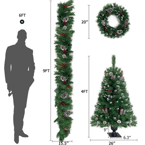 Prelit Xmas Tree Artificial Christmas 4Piece Set，Garland，Wreath and Set of 2 Entrance Trees Xmas with LED Lights