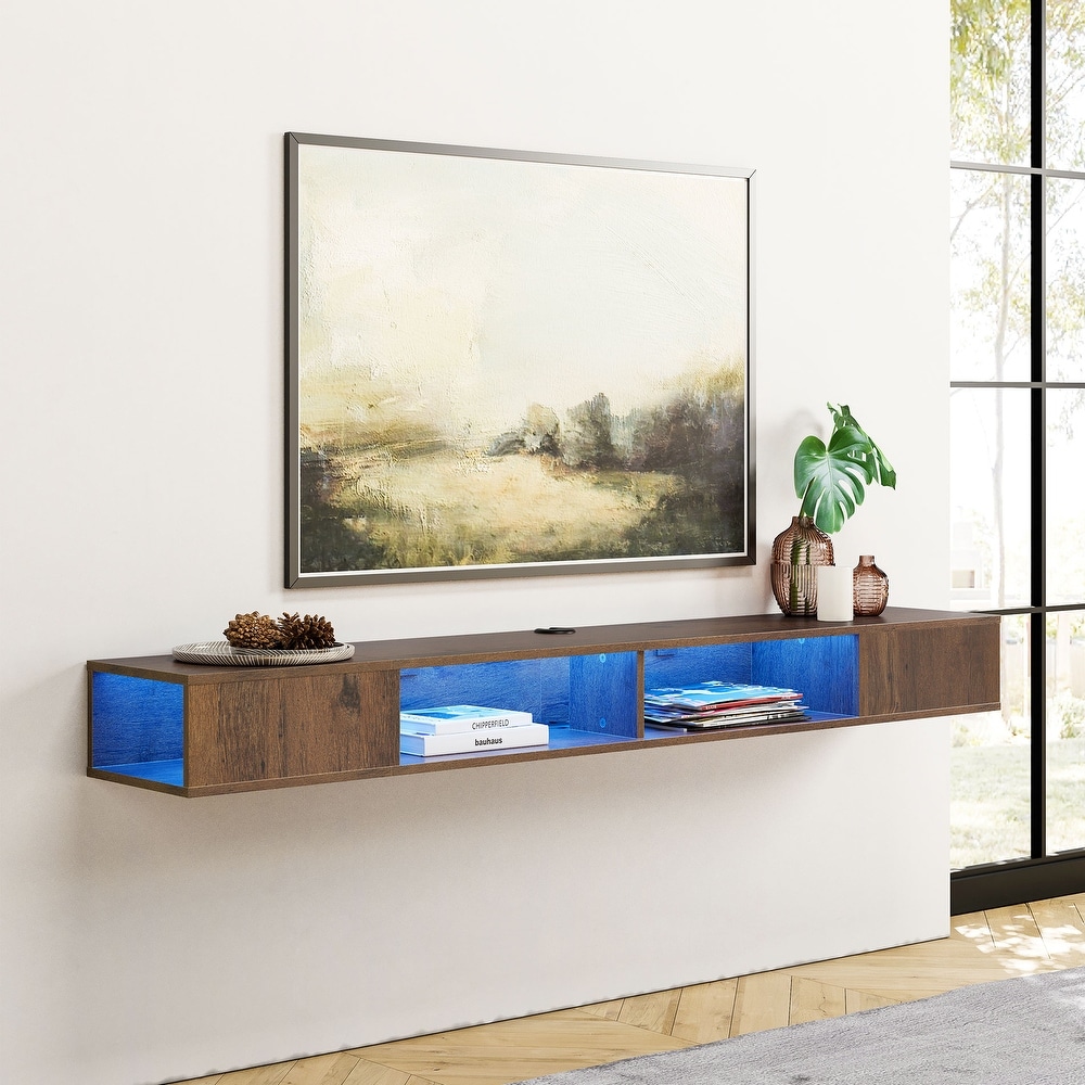 Floating Wall Mounted TV Stand with Storage  Brown  70 Inch