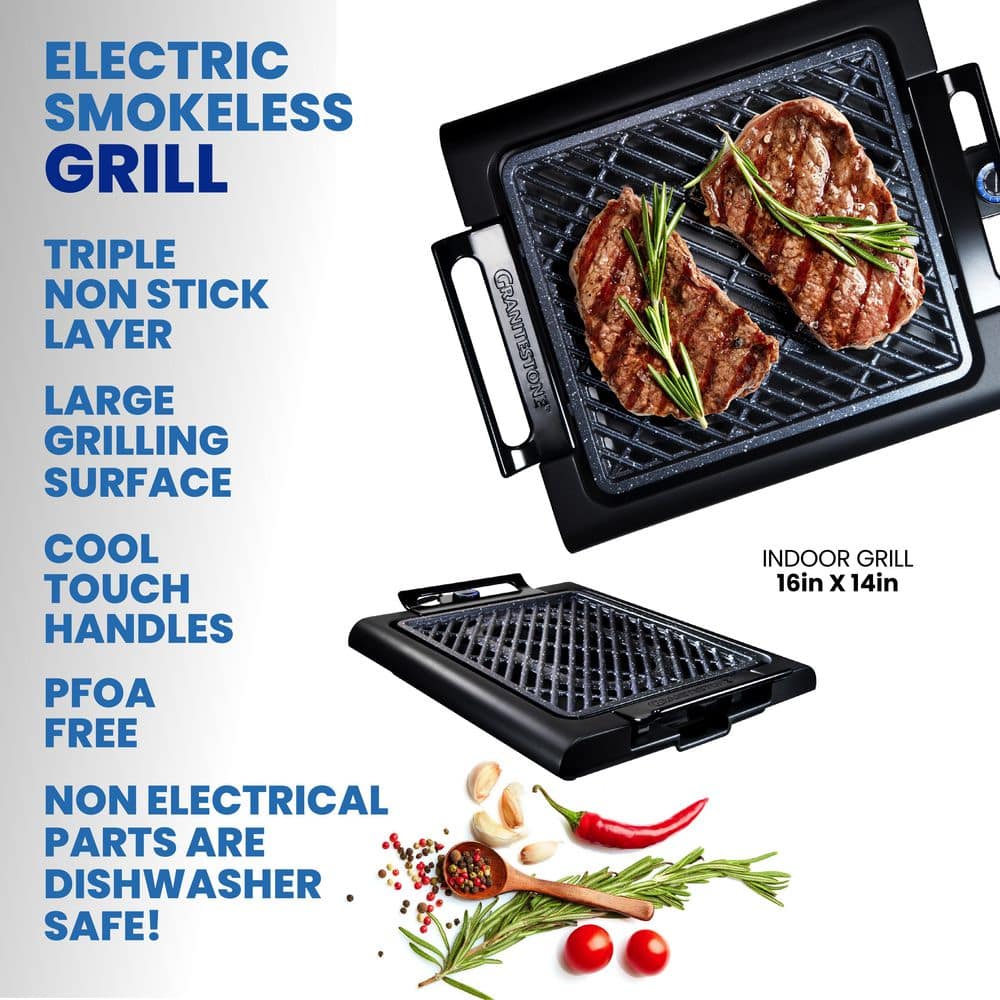 GRANITESTONE 234 sq. in. Triple Layer Titanium and Diamond Infused Coating Non-Stick Smoke-Less Electric Indoor Grill and Griddle 7073