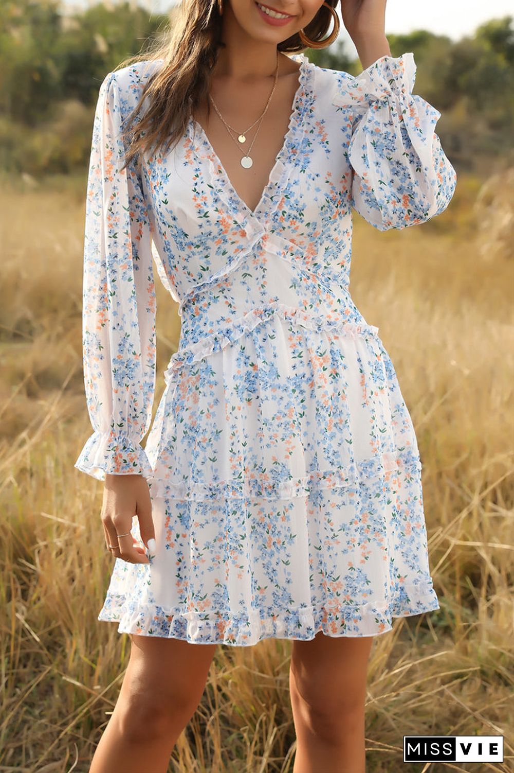 Ditsy Floral Prints Ruffle Edge Tiered Long Sleeve Boho Dress