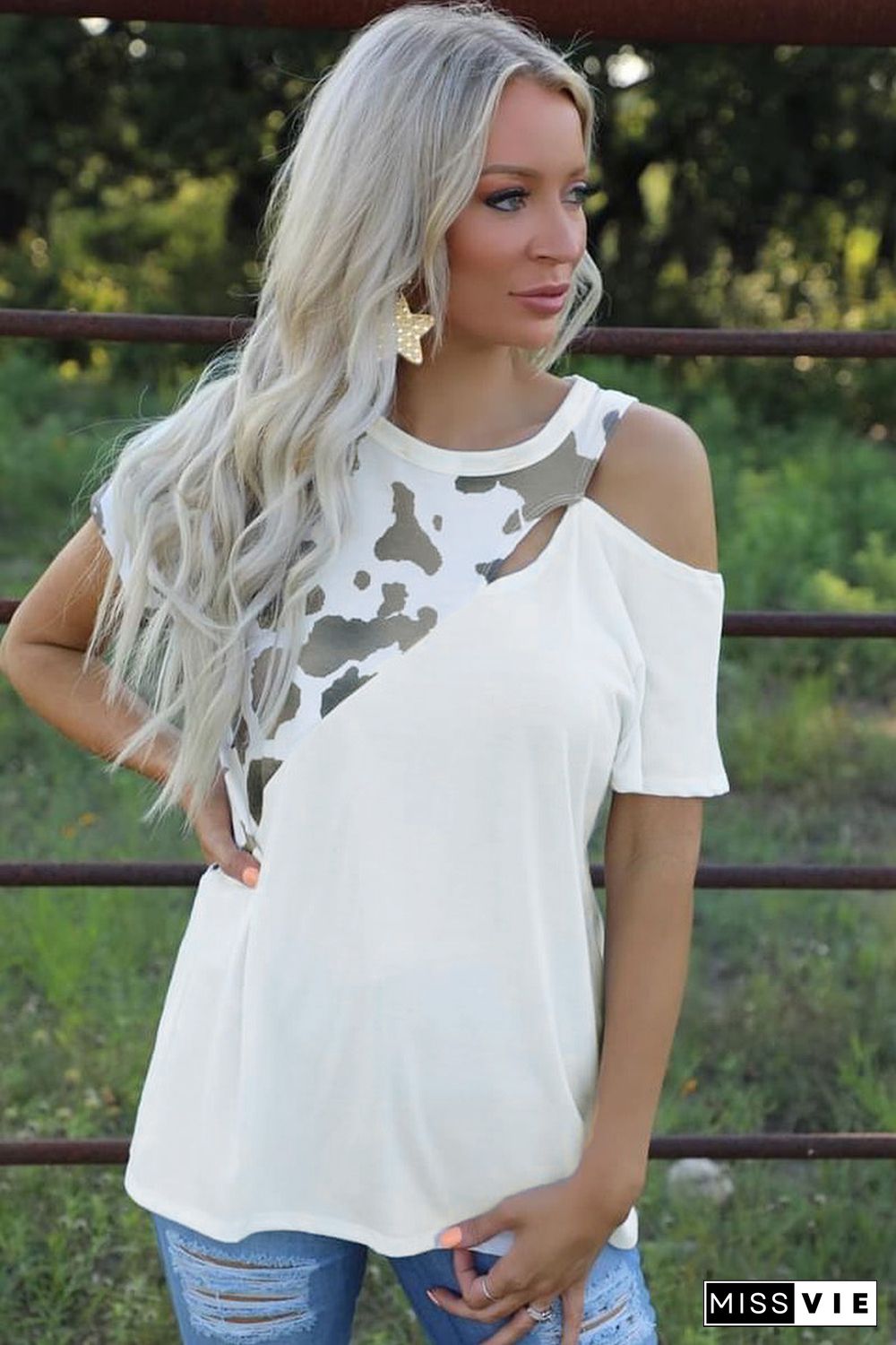 Cow Print Splicing Cut-out Cold Shoulder Short Sleeve T-shirt