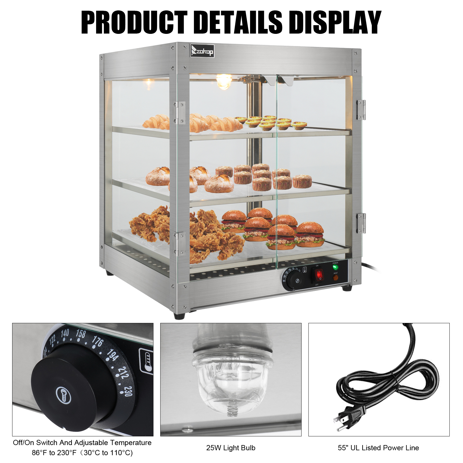 Ktaxon Commercial Food Warmer 3-Tier Countertop Food Pizza Pastry Warmer Display Case 800W 110V