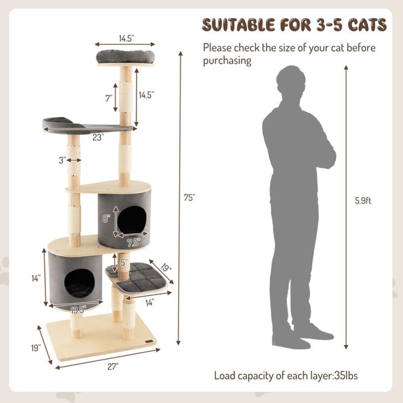 Costway 62913745 6 Tier Wooden Cat Tree with 2 Rem...