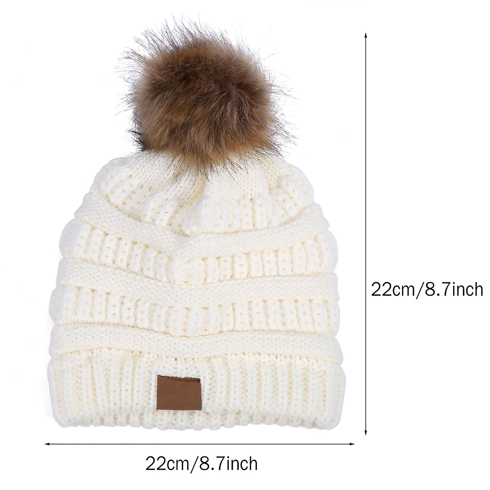 Fashionable Knitted Cap Faux Raccoon Fur Pompom Winter Hat For Keeping Warm (white)