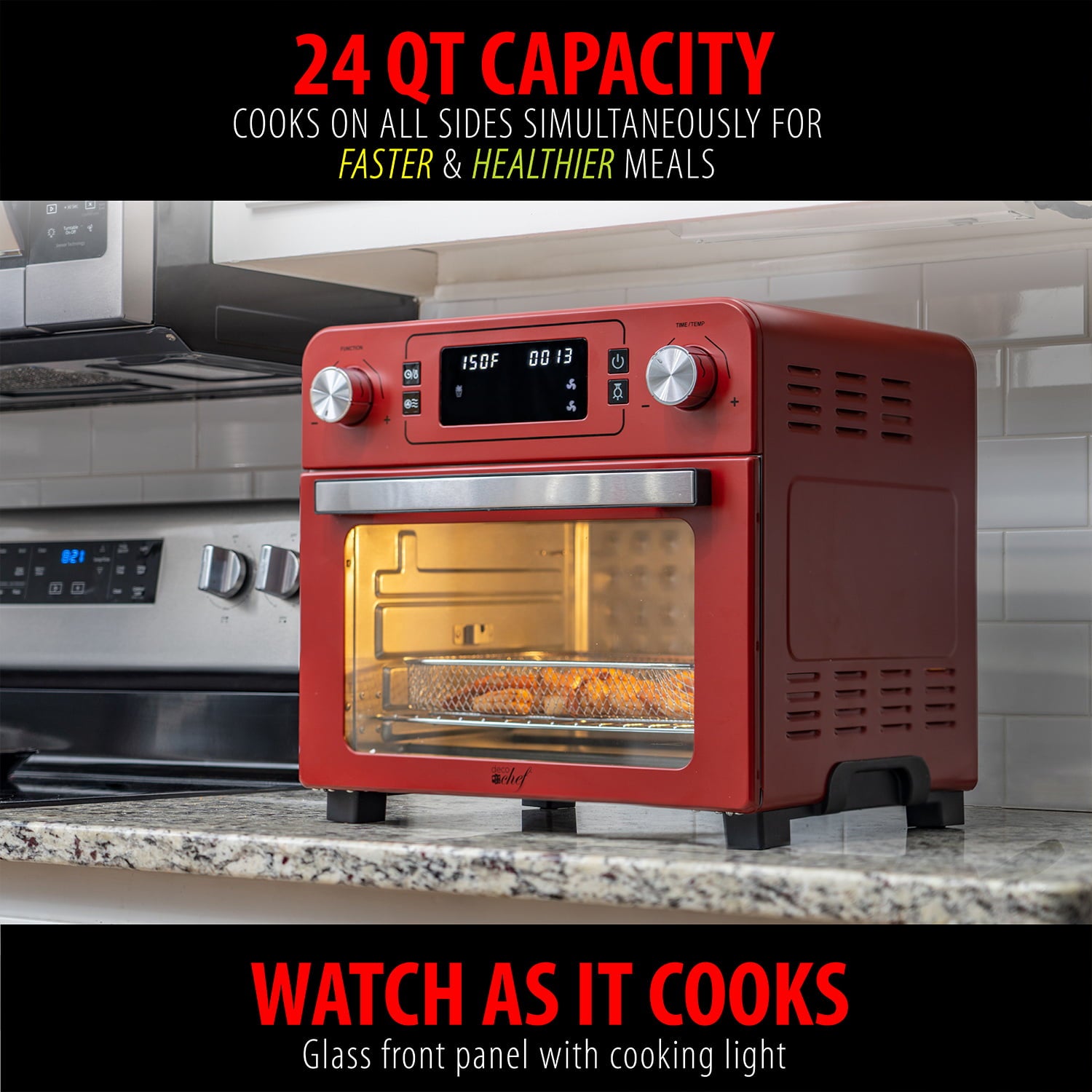 Deco Chef 24 QT Red Stainless Steel Countertop 1700 Watt Toaster Oven with Built-in Air Fryer and Included Rotisserie Assembly, Grill Rack, Frying Basket, and Baking Pan