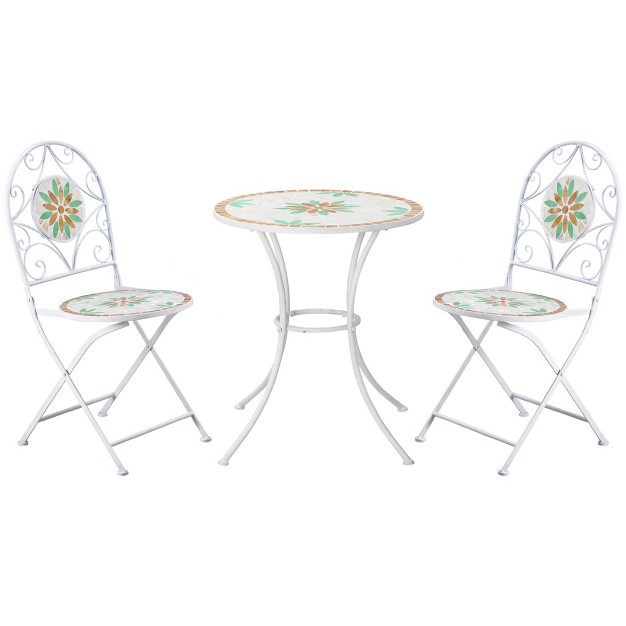 Outsunny 3 Piece Patio Bistro Set Metal Folding Chairs Foldable Outdoor Dining Table Stone Flower Mosaic Spring Flower Pattern White