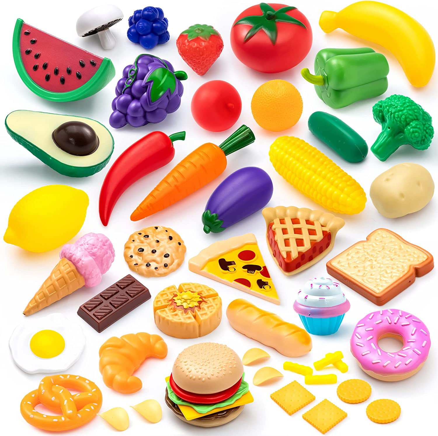 JOYIN 50 PCS Kids Plastic Play Food Toys， Fake Food， Pretend Kitchen Playset， Toddler Imaginative Development Toys， Fun Educational Game Accessories， Christmas Bithday Gifts Party Supplies