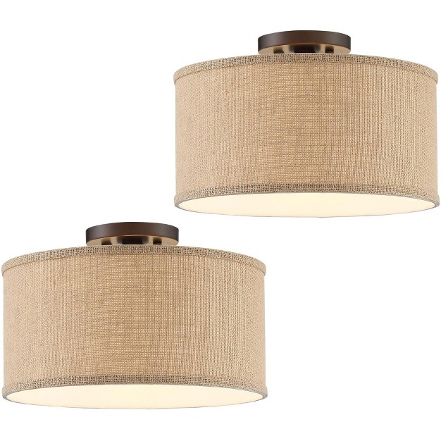 Wide Set Of 2 Bronze Burlap Fabric Drum Shade For Bedroom Kitchen Living Room