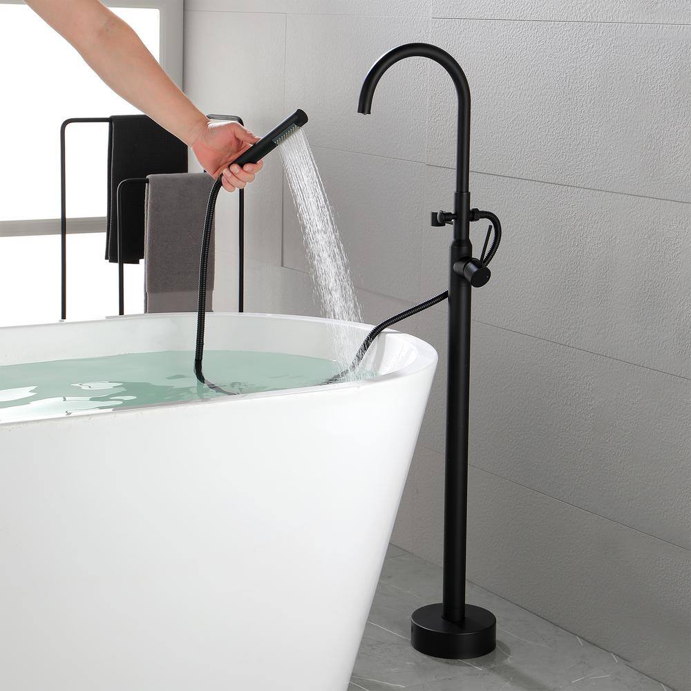 FORCLOVER Freestanding Single-Handle Floor Mounted Roman Tub Faucet Bathtub Filler with Hand Shower in Matte Black GeYSWNK25