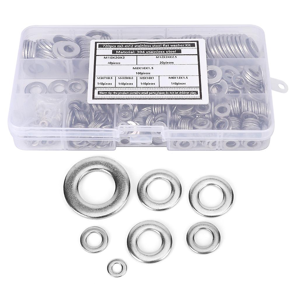 720pcs Flat Washer Kit 304 Stainless Steel Silver Spring Gasket Assortment Set M3-m12