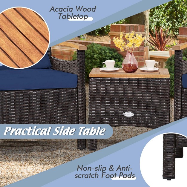 Costway 3pcs Patio Rattan Furniture Set Wooden Armrest Table Top Cushioned Deck