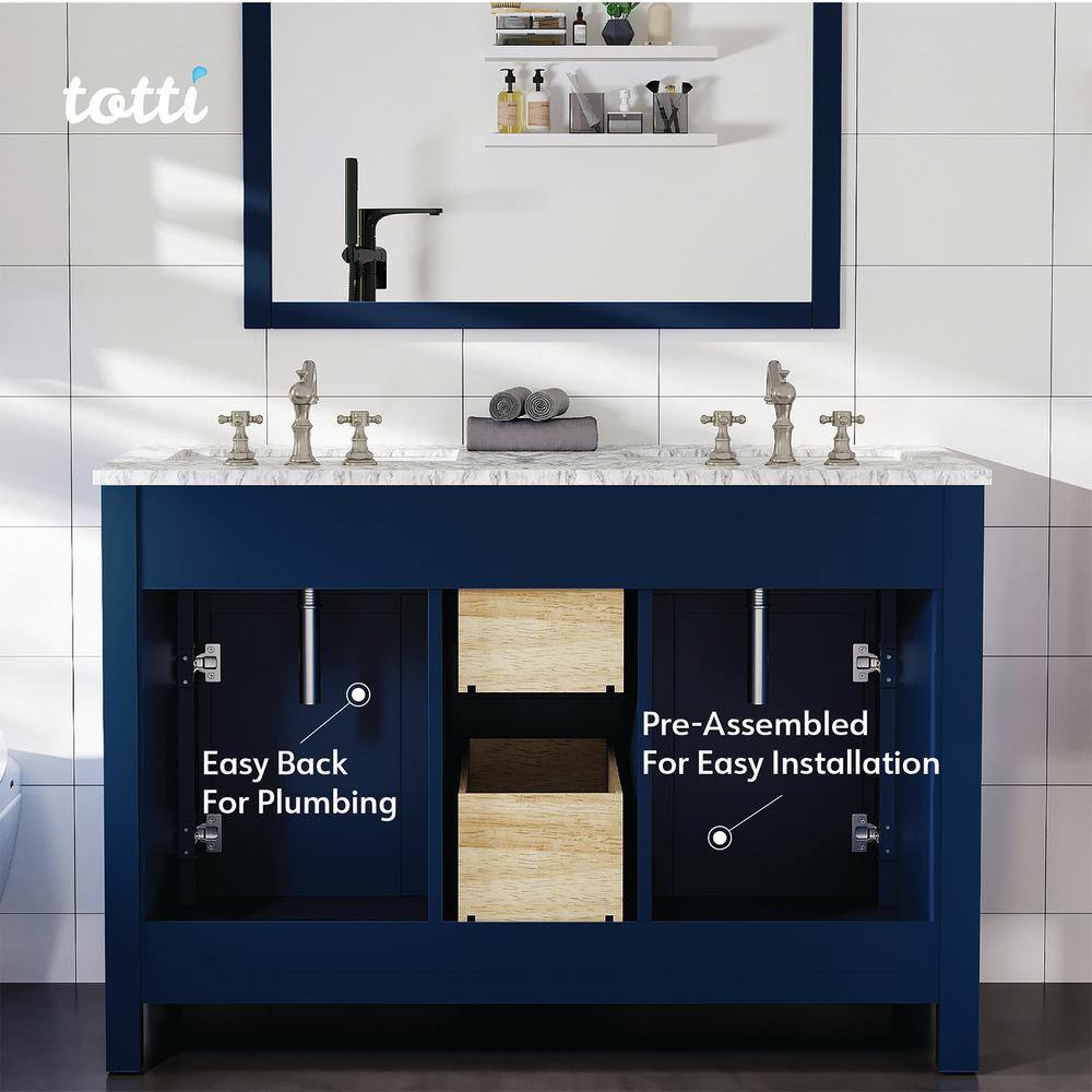 Eviva Artemis 48 in. W x 22 in. D x 33.7 in. H Bath Vanity in Blue with Carrara Marble Vanity Top in White with Double Sinks TVN313-48BLU-DS