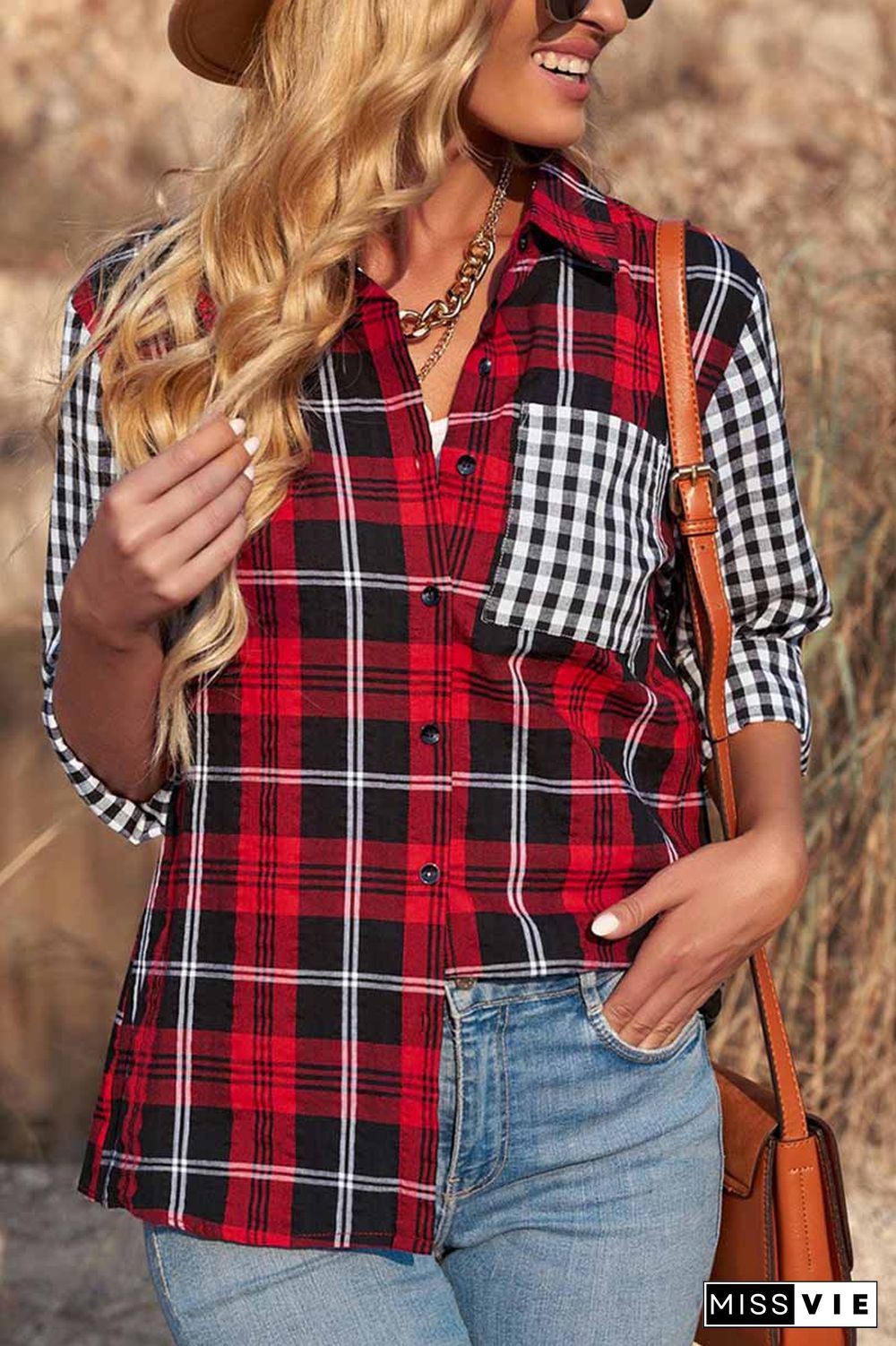 Colorblock Plaid Patched Pocket Button Front Shirt