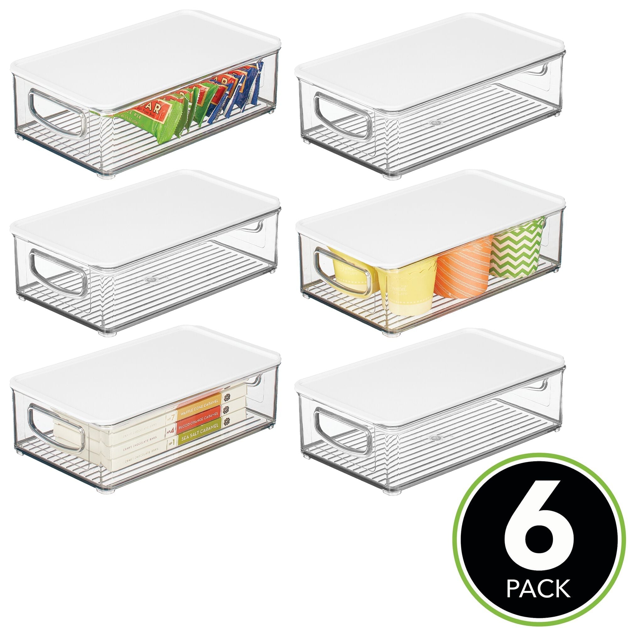 mDesign Plastic Stackable Slim Storage Bin Box with Lid/Handles for Kitchen, Pantry, Fridge/Freezer Organization, Holds Food, Fruit, Jars, Packets, Snacks, Ligne Collection, 6 Pack - Clear/White