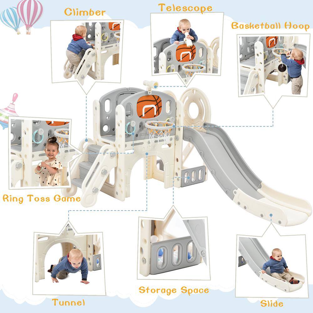 Tatayosi Gray Kids Slide Playset Structure with Slide Arch Tunnel Ring Toss and Basketball Hoop Toy Storage Organizer P-PP300683AAE