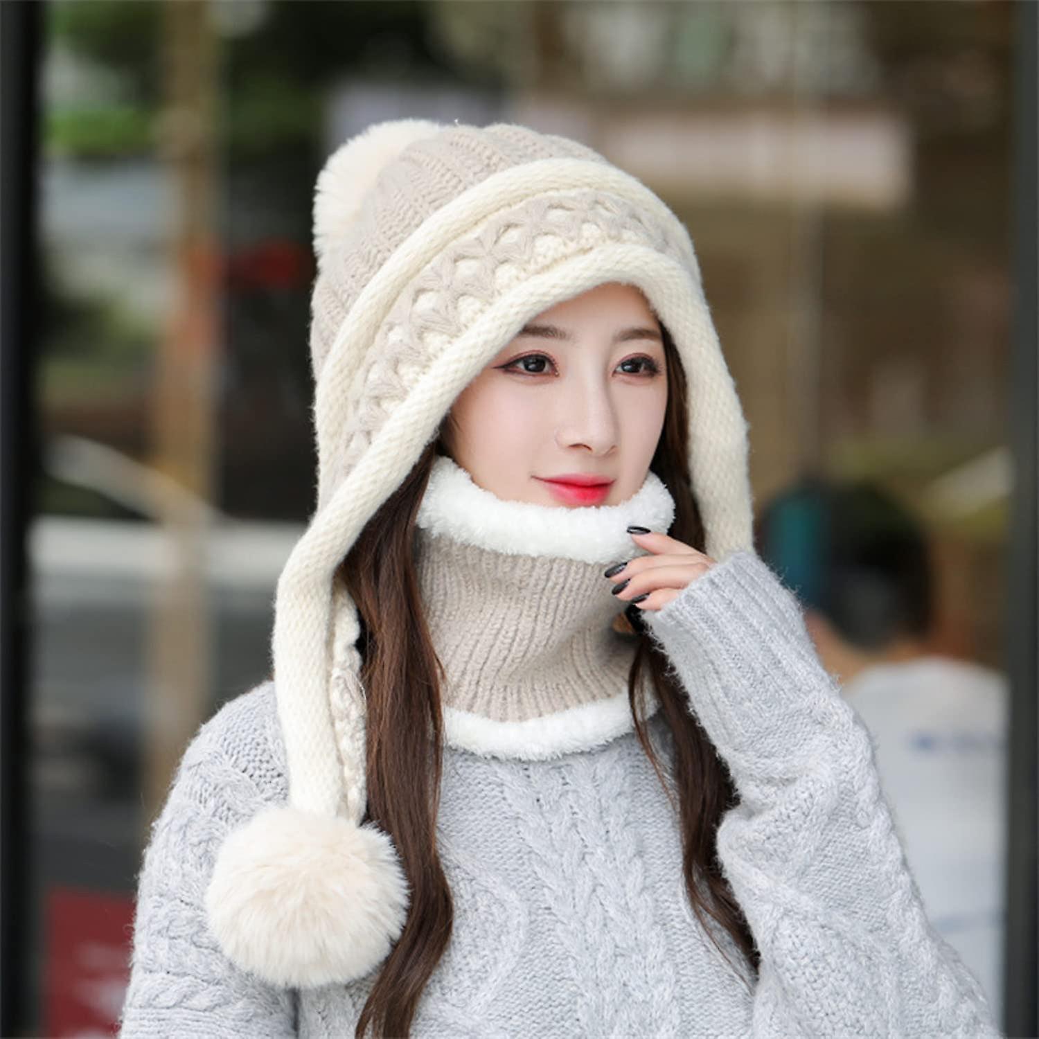 Women Winter Beanie Hat Peruvian Circle Scarf Set Ski Ear Flaps Caps Dual Layered Fleece Lined Pompoms Z15022-mise -