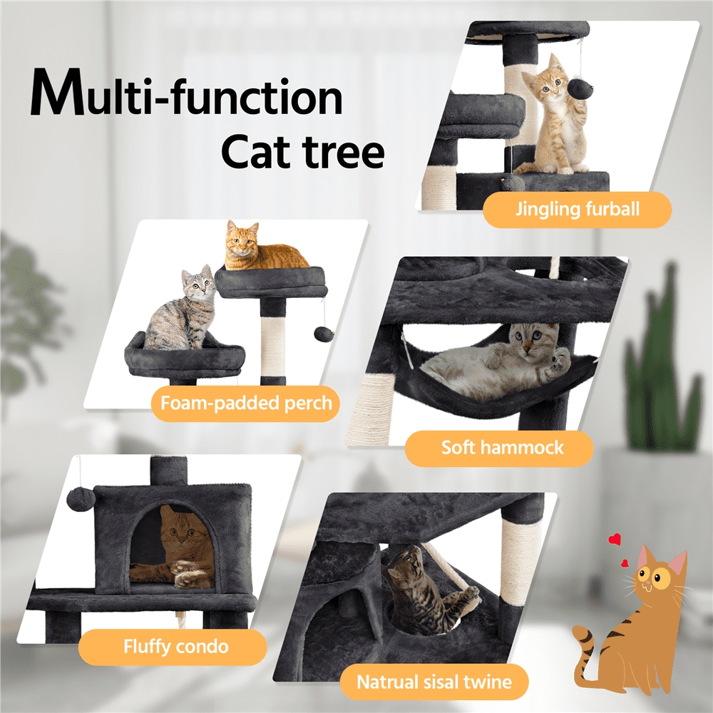 SMILE MART 62.2" Double Condos Cat Tree and Scratching Post Tower, Black