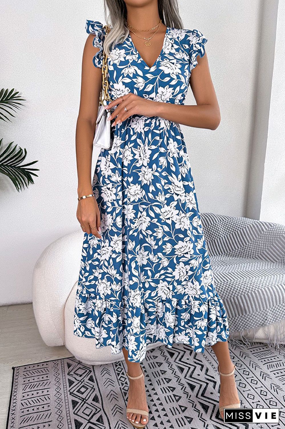 V Neck Flutter Sleeves Maxi Floral Dress