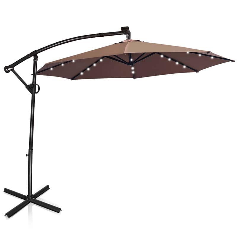 10 FT Patio Offset Umbrella with Solar Lights 360° Rotation Outdoor Market Umbrella with Crank Handle & Cross Base