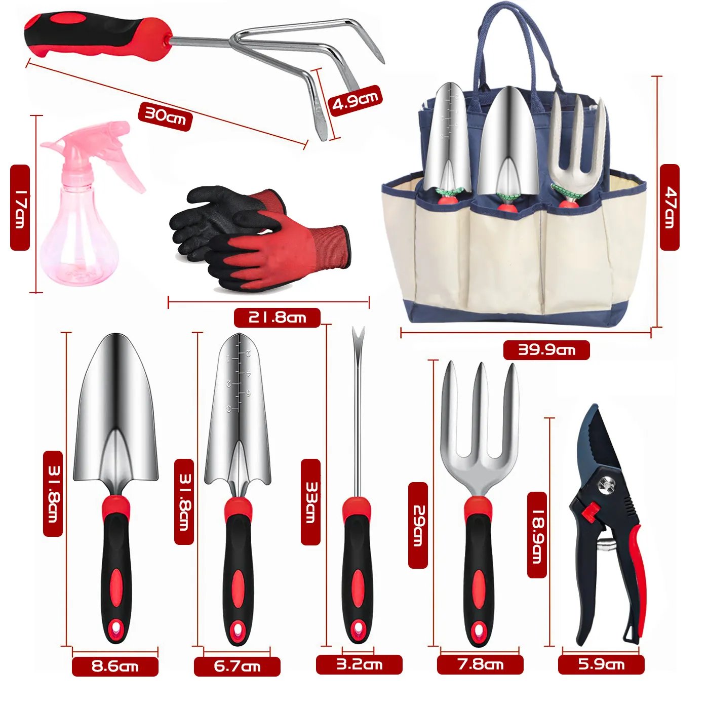 Red and black stainless steel garden tool set Weeding and planting gardening scissors water bottle multifunctional garden tools