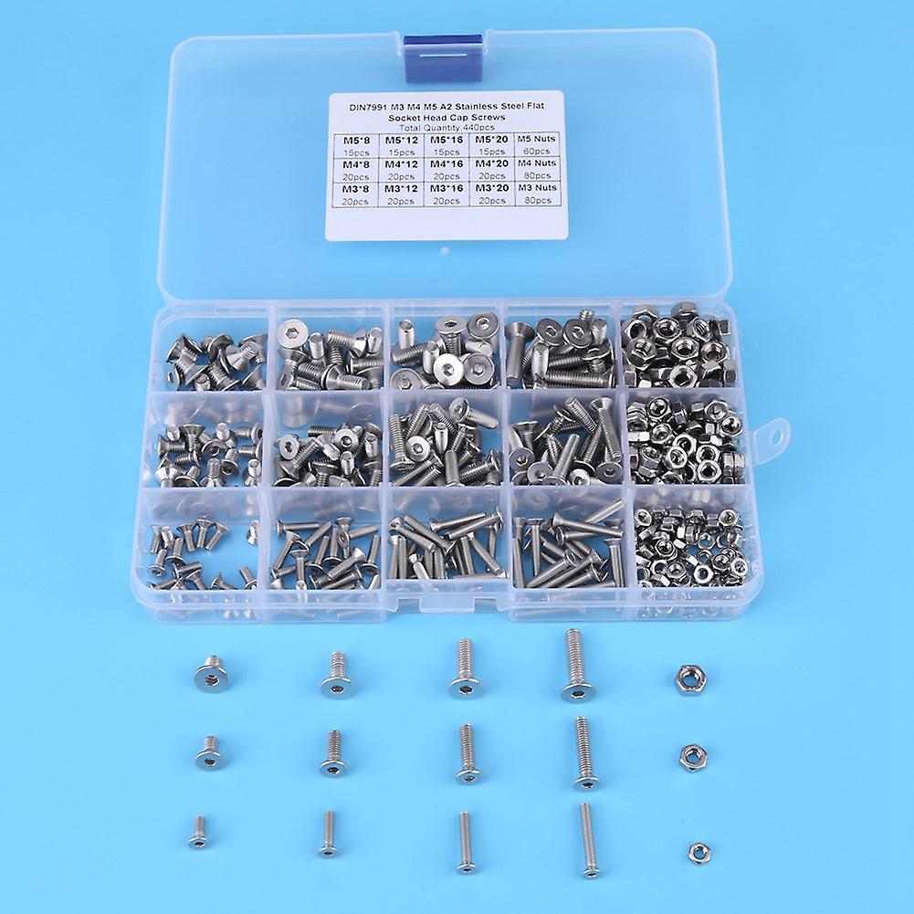 440pcs M3 M4 M5 Stainless Steel Hex Socket Flat Head Screw Bolts and Nuts kit