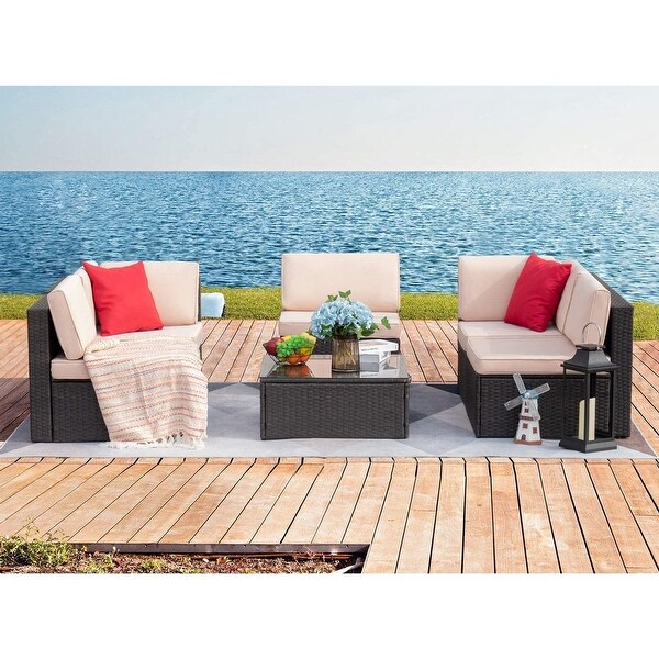 Furniwell 6Piece Outdoor Patio Furniture Sets Sectional Sofa Set Acacia Wood Set with Table