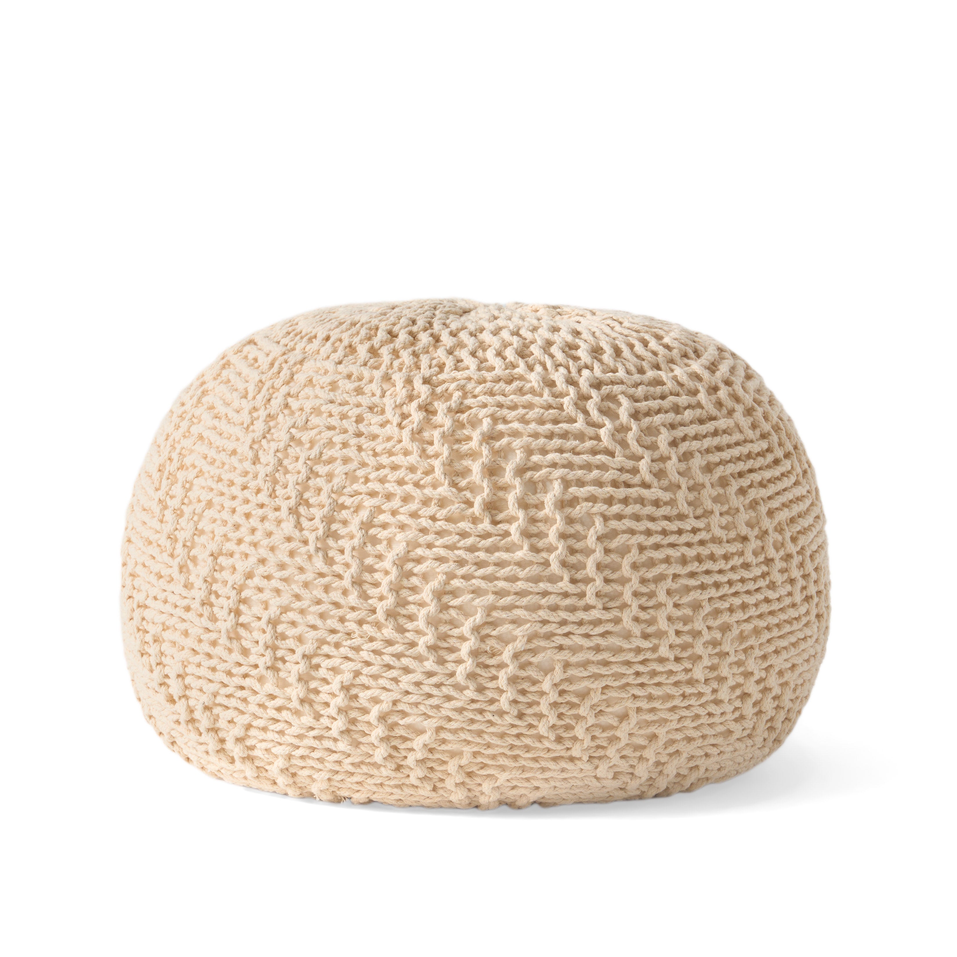 Beryl Knitted Cotton Pouf, Beige