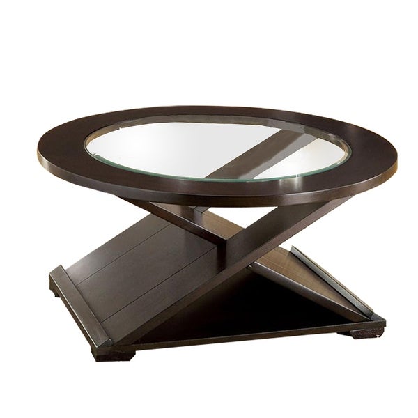 3 Piece Round Glass Coffee Table and End Table with X Shaped Base， Brown